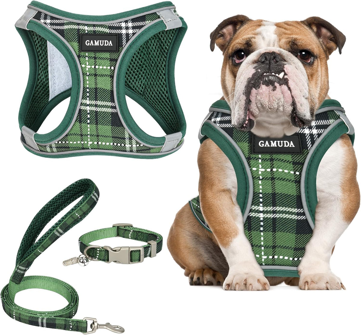 GAMUDA Small Pet Harness Collar and Leash Set, Step in No Chock No Pull Soft Mesh Adjustable Dog Vest Harnesses Plaid Reflective for Dogs Puppy Cats Kitten Rabbit (Green, L)