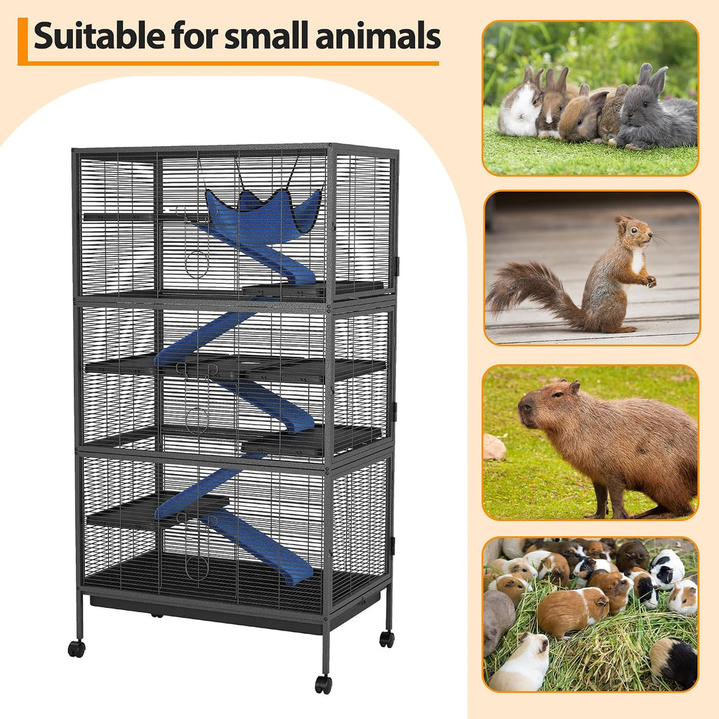 50" Large Metal Ferret Cage, Small Animal Habitat with Lockable Doors, Ramps, Wheels, Storage Cabinet, Multi-Level Chinchilla Cage for Chinchillas, Ferrets, Guinea Pigs, Rats, Hammock(Black)