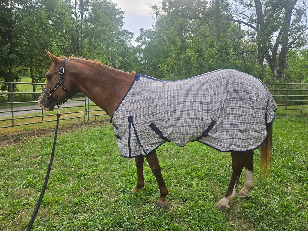 Navy Beige Plaid Horse Stable Sheet with Front Gussets, Lightweight Polyester Sheet for Horses, Travel, Stable & Show Use (Navy Beige Plaid, 72")