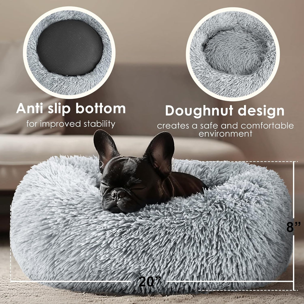 Hoewina Dog & Cat Bed for Indoor Cats, 20in Calming Donut Bed (Light Grey)