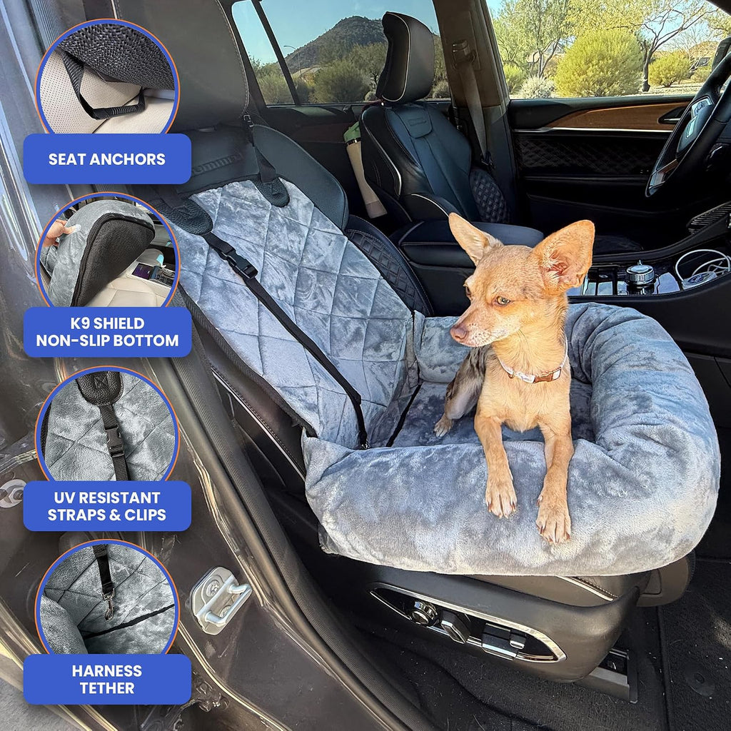 4Knines Dog Car Seat, Plush Travel Bed for Small-Medium Dogs, Grey