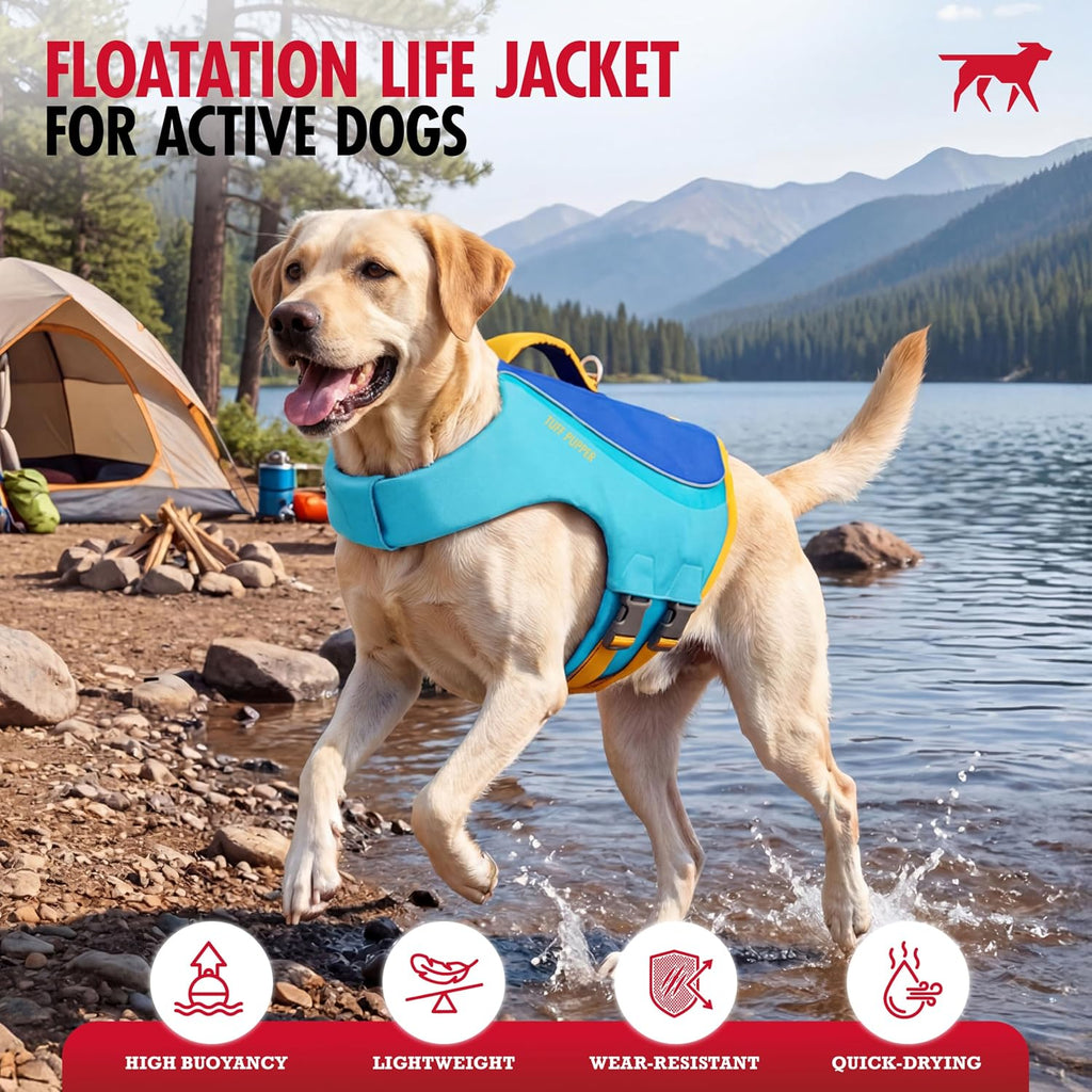Tuff Pupper Dog Life Jacket | High Buoyancy Dog Swim Vest with Rescue Handle | Adjustable Secure Fit | Reflective Safety Trim | Pet Flotation Jacket for Swimming Boating Kayaking (Blue/Yellow, XXS)