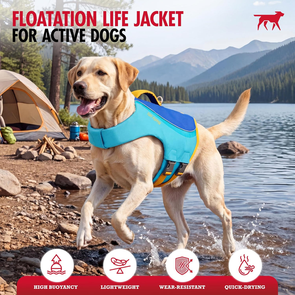 Tuff Pupper Dog Life Jacket | High Buoyancy Dog Swim Vest with Rescue Handle | Adjustable Secure Fit | Reflective Safety Trim | Pet Flotation Jacket for Swimming Boating Kayaking (Blue/Yellow, XXS)
