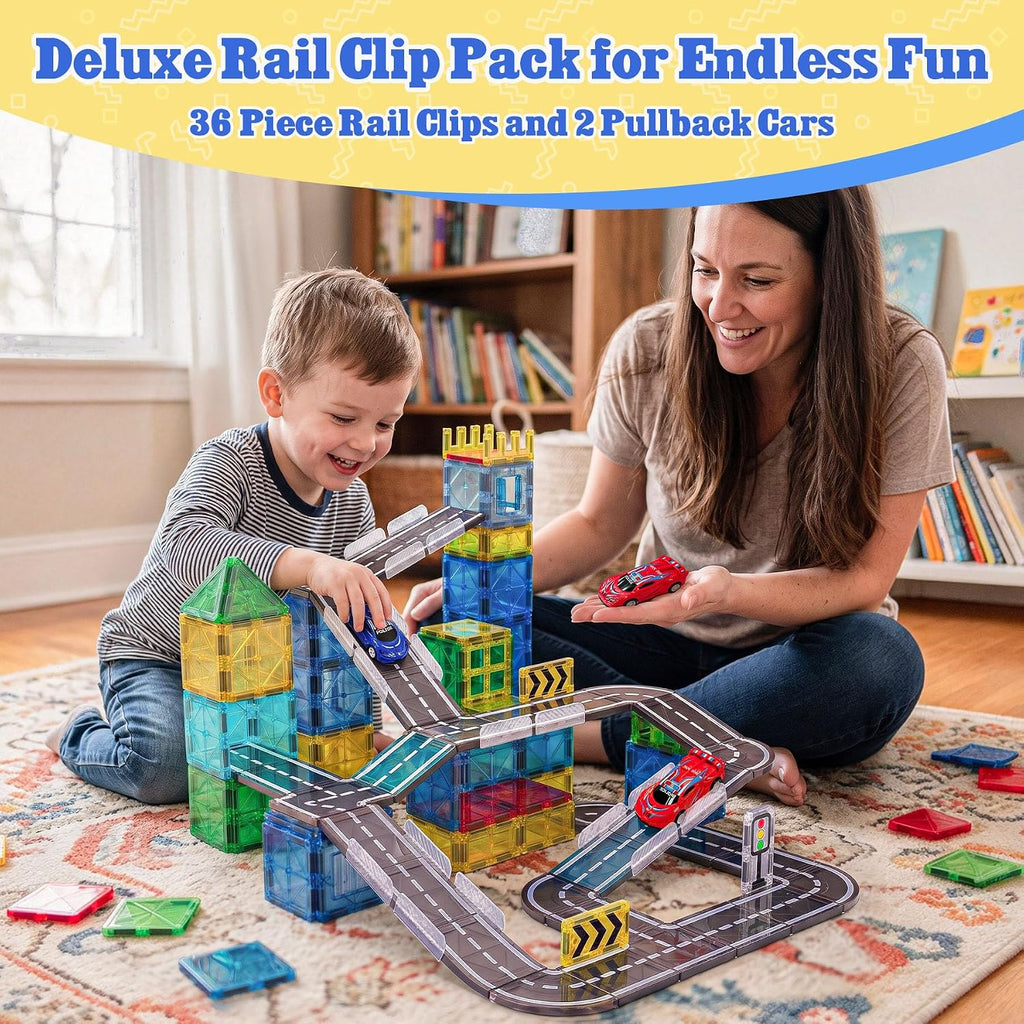 Magnetic Tiles Rail Pack 38-Pieces Magnetic Rail Clamps with Pullback Cars