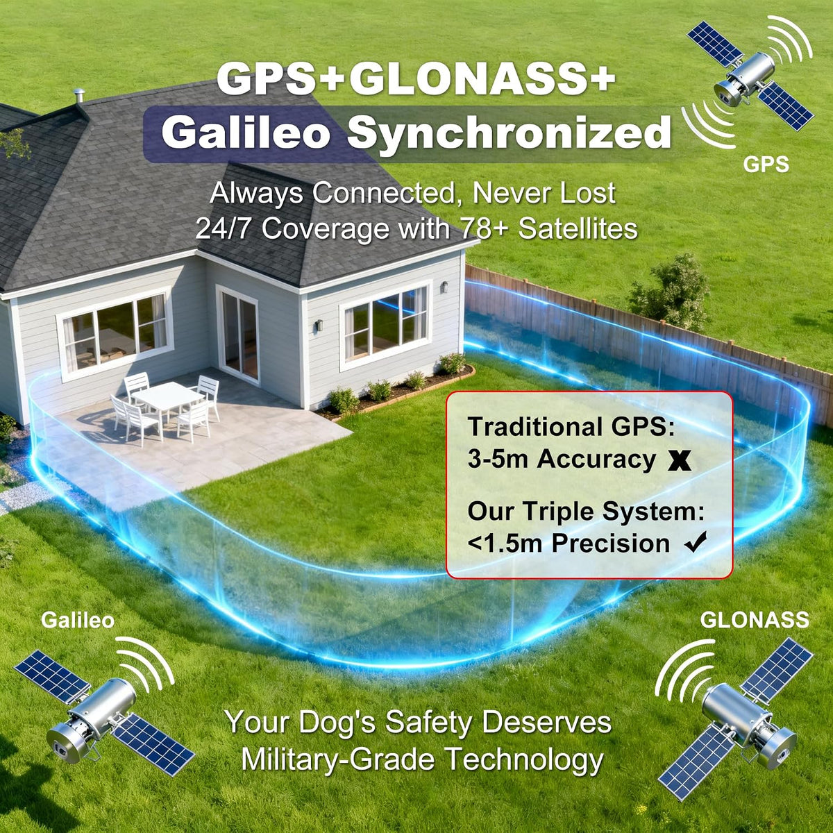 GPS Wireless Dog Fence System, No Subscription Electric Dog Collar, Circular (65-9,840 ft Radius) & Custom Boundaries, Waterproof Portable Pet Containment System for Medium & Large Dogs