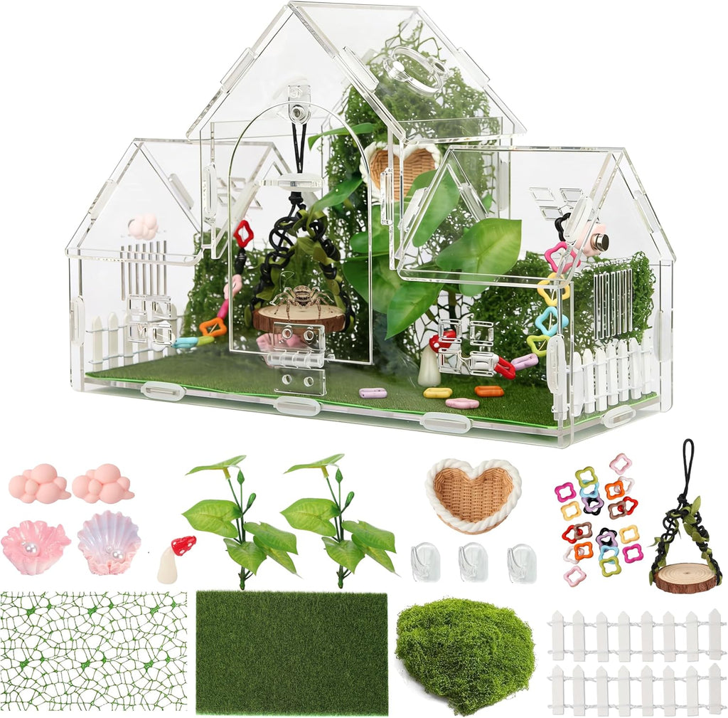 20-Piece Jumping Spider Enclosure Kit, Acrylic Terrarium with 360° View & Magnetic Doors, Complete Accessories Set for Tarantula, Mantis, Small Reptiles, 11.8" L x 4.5" W x 8" H