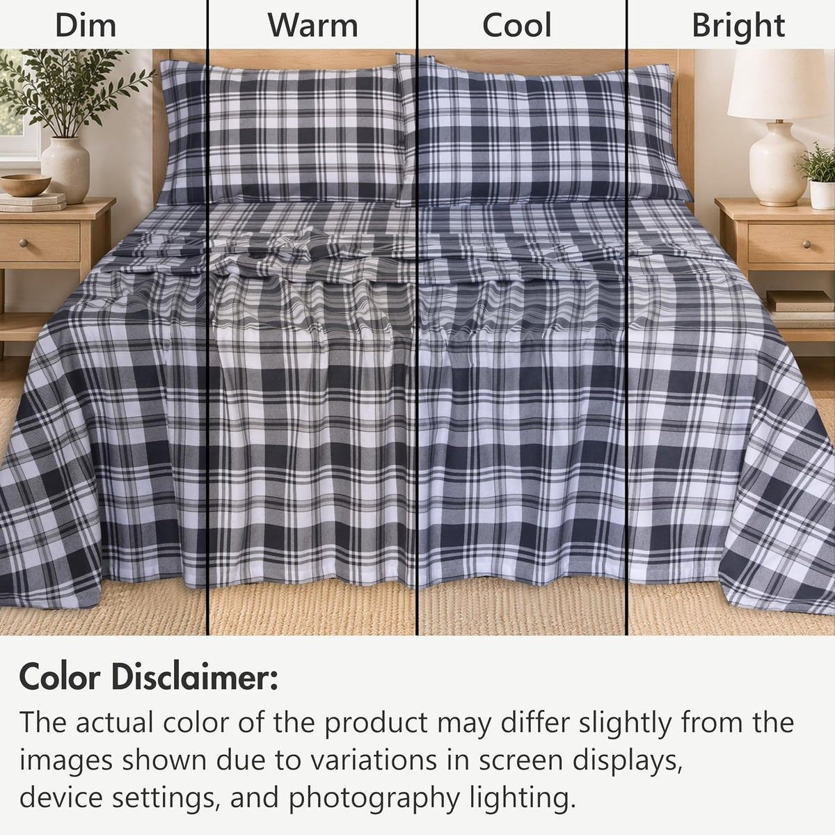 ZOYER 100% Cotton Flannel Sheets Queen Size 4 Pcs Set, Carbon Grey Plaid