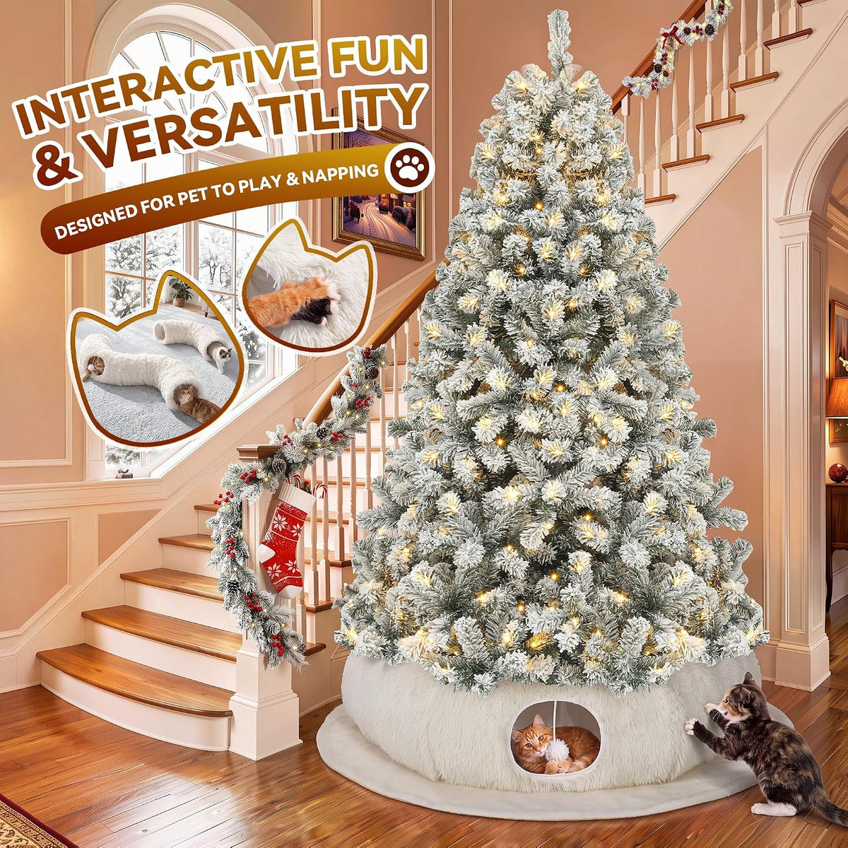 YITAHOME 6FT Snow Flocked Prelit Christmas Tree w/ Cat Tunnel & Skirt