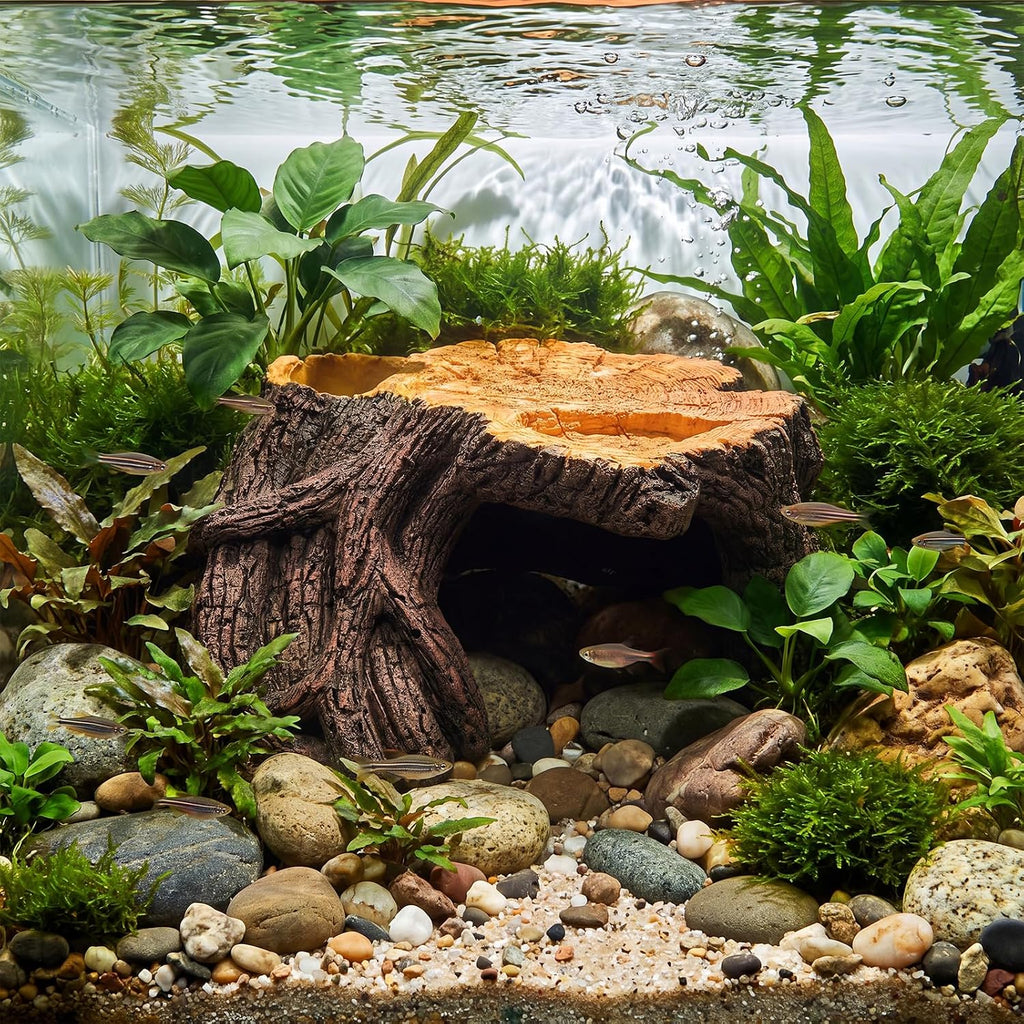 Reptile Hide, 9.4"x8.6" Basking Platform with Ramp, Tree Root Design