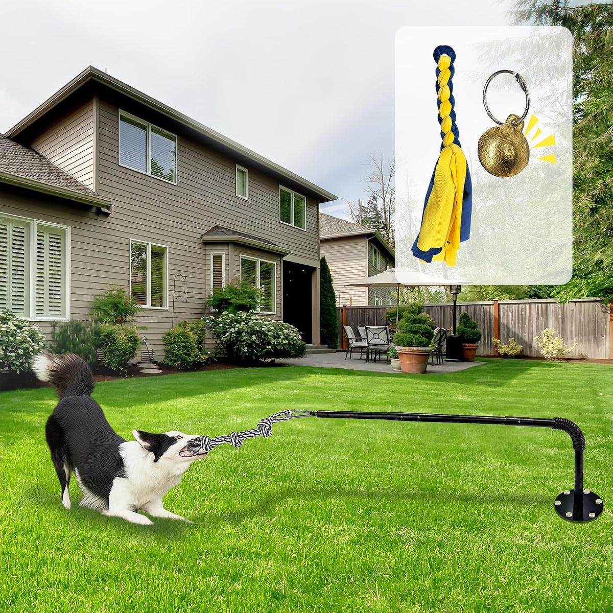 Tether Tug Outdoor Dog Toy, Interactive Exercise Game in Yard, Tether Tug with 2 Rope Toy and Bell for Large Medium Small Dog, Pull Chase and Tug of War