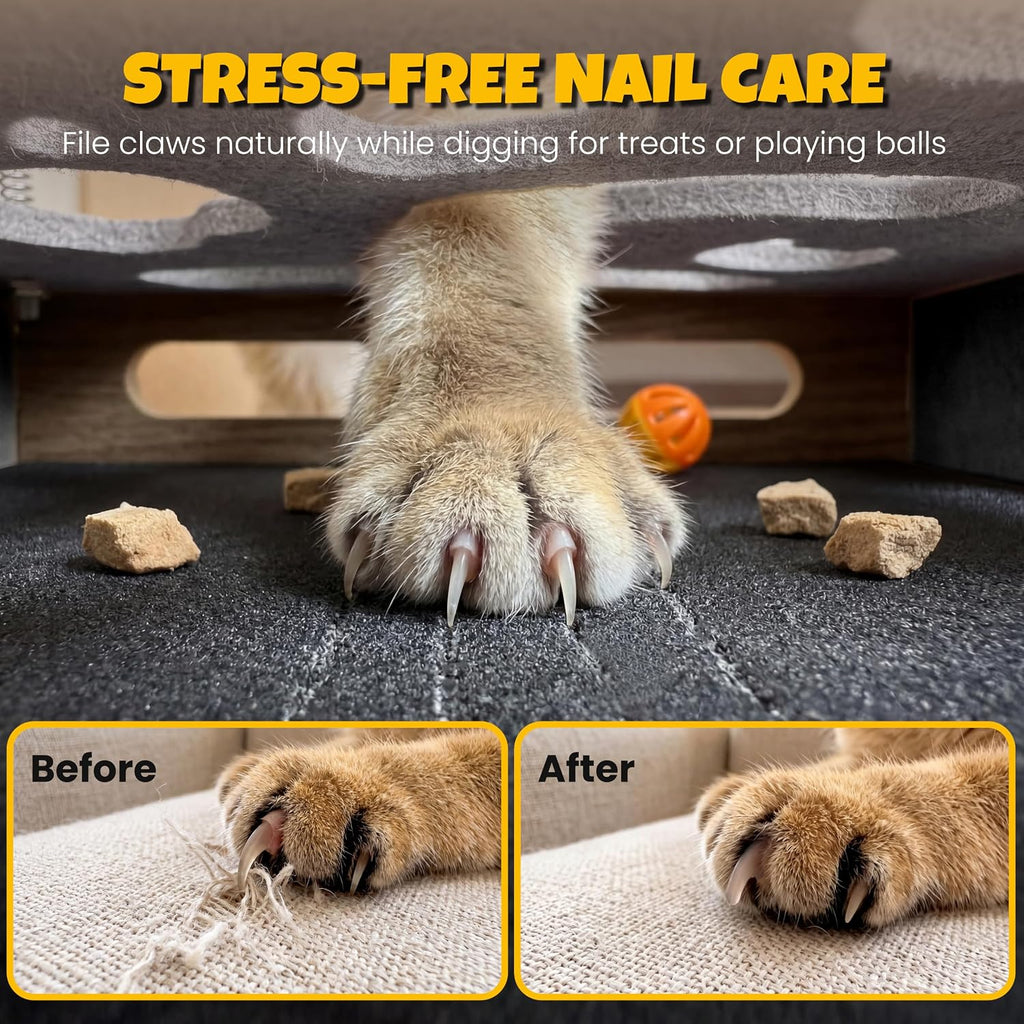 5-in-1 cat nail file scratcher Enrichment Box - interactive cat toys for indoor cats, Large felt cat puzzle feeder with replaceable sandpaper, Includes 6 balls ,4 spring toys,and feather toy(grey)