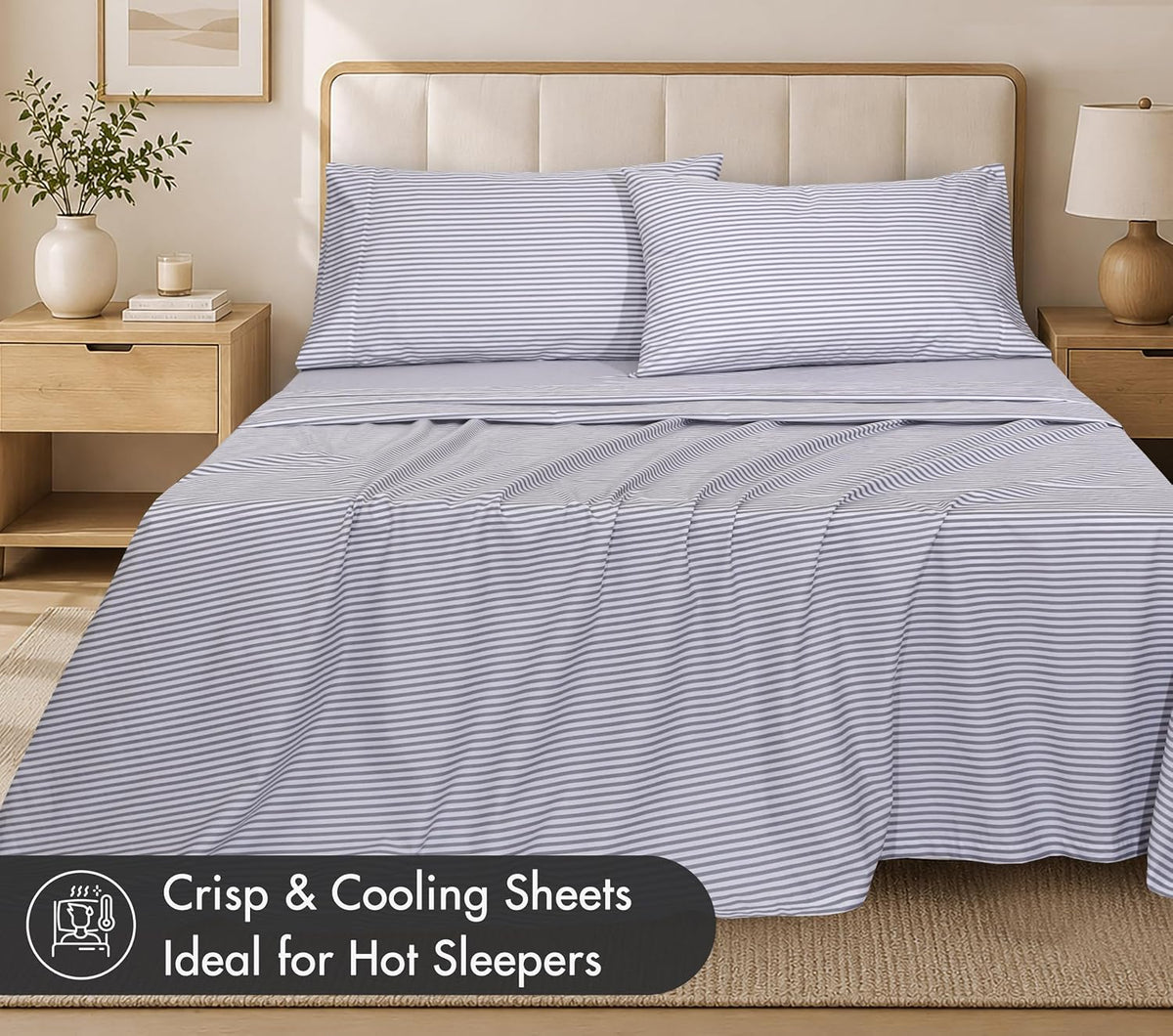 ZOYER 100% Cotton Full Sheets, Percale Bedding Full Size Set, Grey Stripe