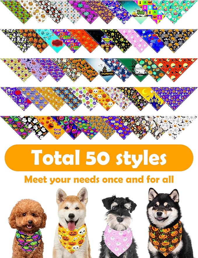 PET SHOW 50 Pack Halloween Small Dog Bandanas Bulk XS Washable Puppy Girl Boy - Image 3