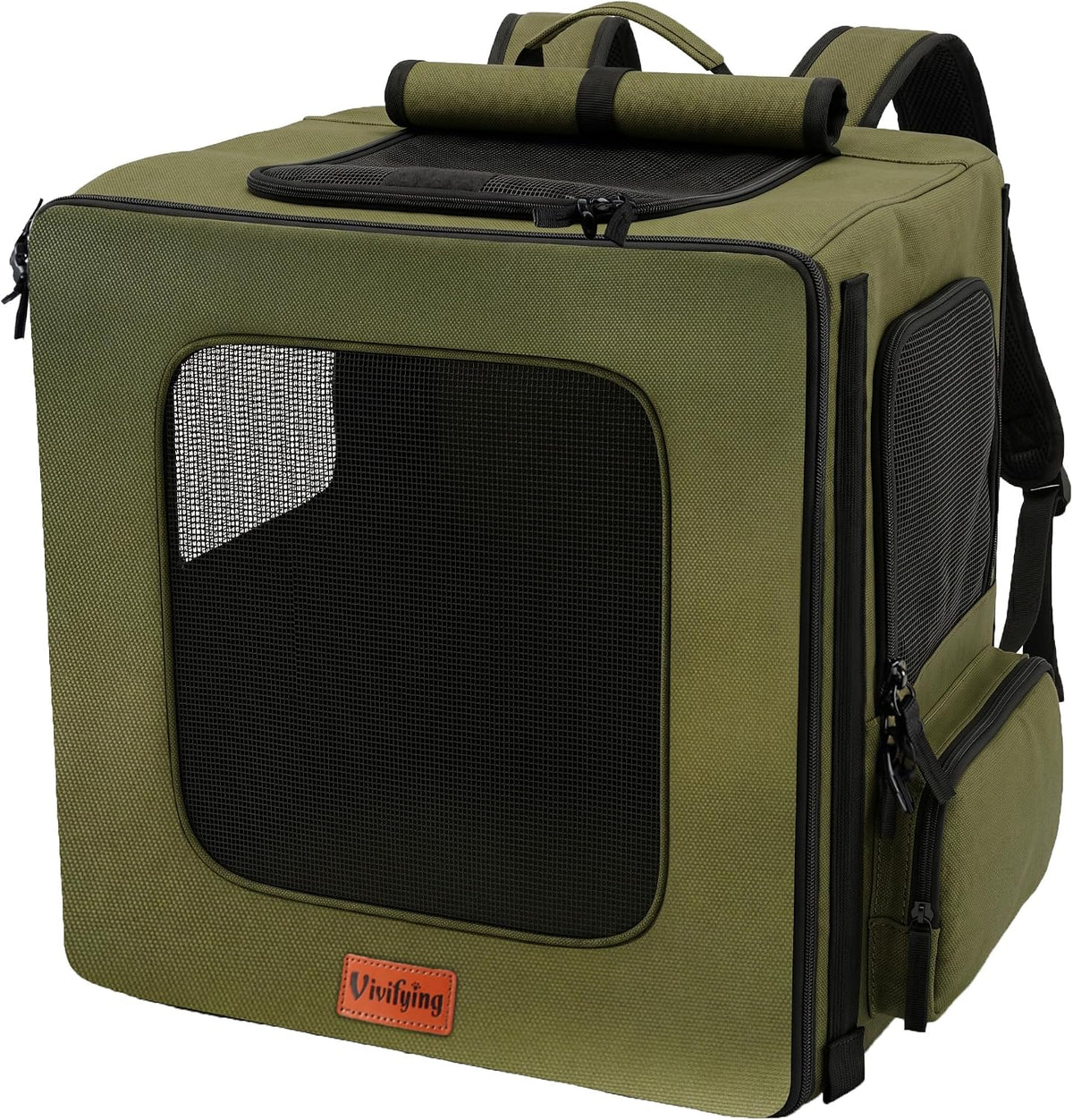 Vivifying Dog Backpack Carrier, 16.5"×15"×10.6" Breathable Pet Backpack for Travel with Sunshade, Locking Zippers & Thickened Bottom for Small Dogs and Cats up to 18 lb (Military Green)
