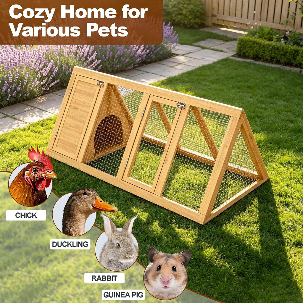 A-Frame Rabbit Hutch with Run, Wooden Bunny Cage Outdoor, 2-Door Weatherproof Small Animal House for Rabbits, Guinea Pigs, Quail & Chickens