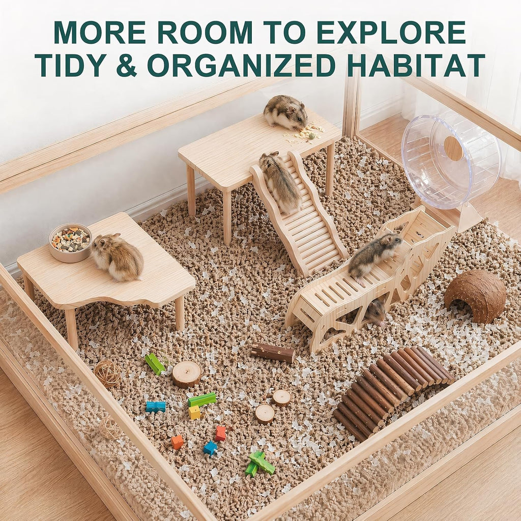 4-Piece Wooden Hamster Platform Set, Versatile Hideout & Exploration Tunnel with Ladder, Cage Decor for Syrian Dwarf Hamsters, Gerbils, Mice (4, Set 2)