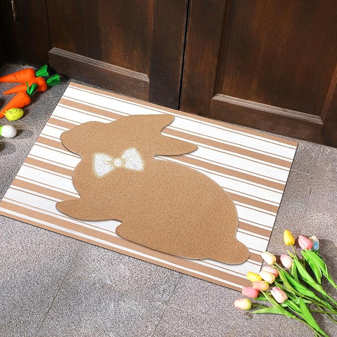 Tinideya 2 Pcs Bunny Door Mat Rabbit Welcome Non Slip Coir Mats Brown and White - Image 3