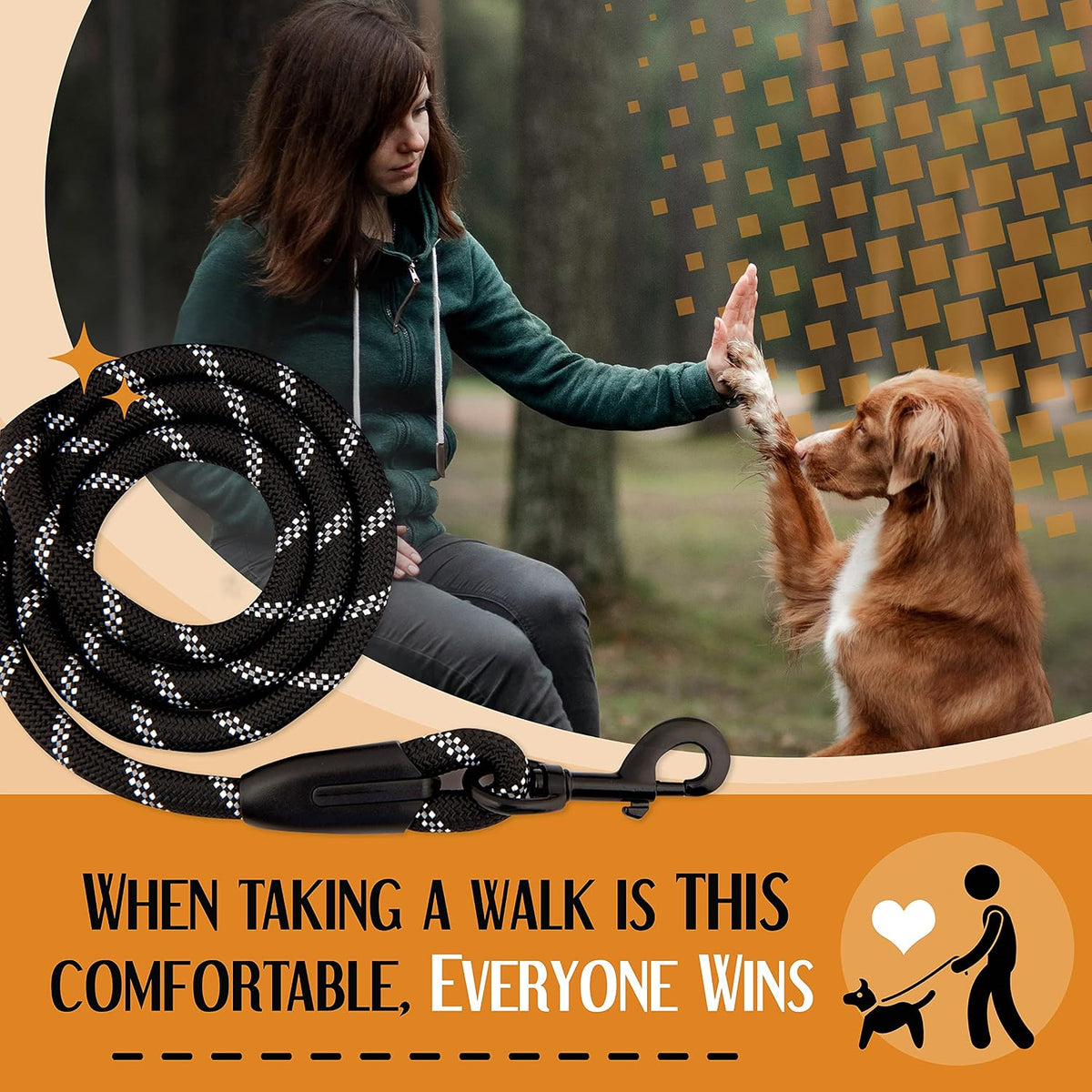 Dog Leash, Reflective Rope, Chew Resistant Paracord for Medium and Large Dogs, Durable Metal Clasp, Attaches to Pet Collar (5 Foot, Black)