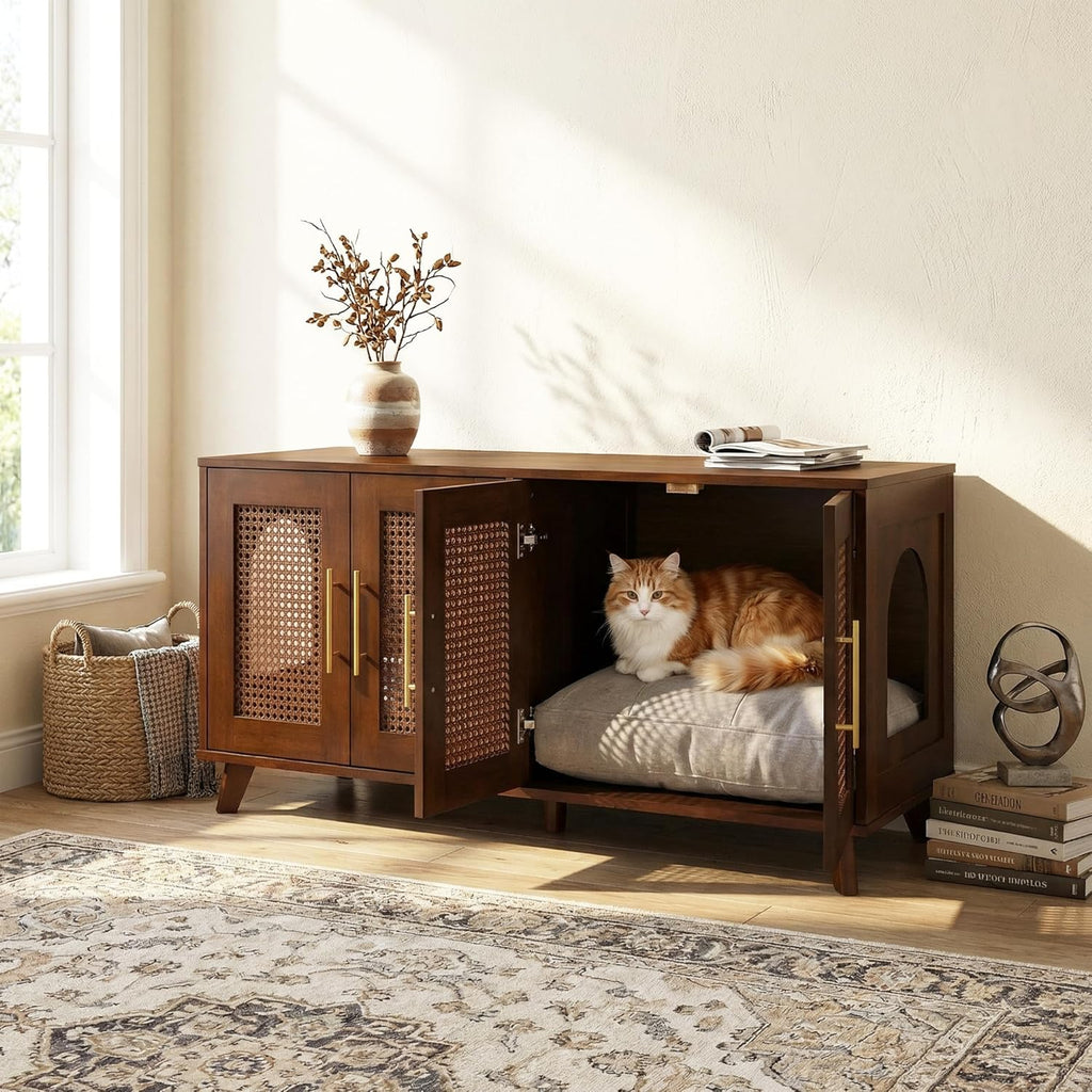 Christopher Knight Home Conmeo Cat Litter Box Enclosure with Plush Cushion, Rubber Wood Hidden Litter Box Cabinet with Breathable Rattan Mesh Doors, Indoor Pet House, Functional Sideboard, Walnut