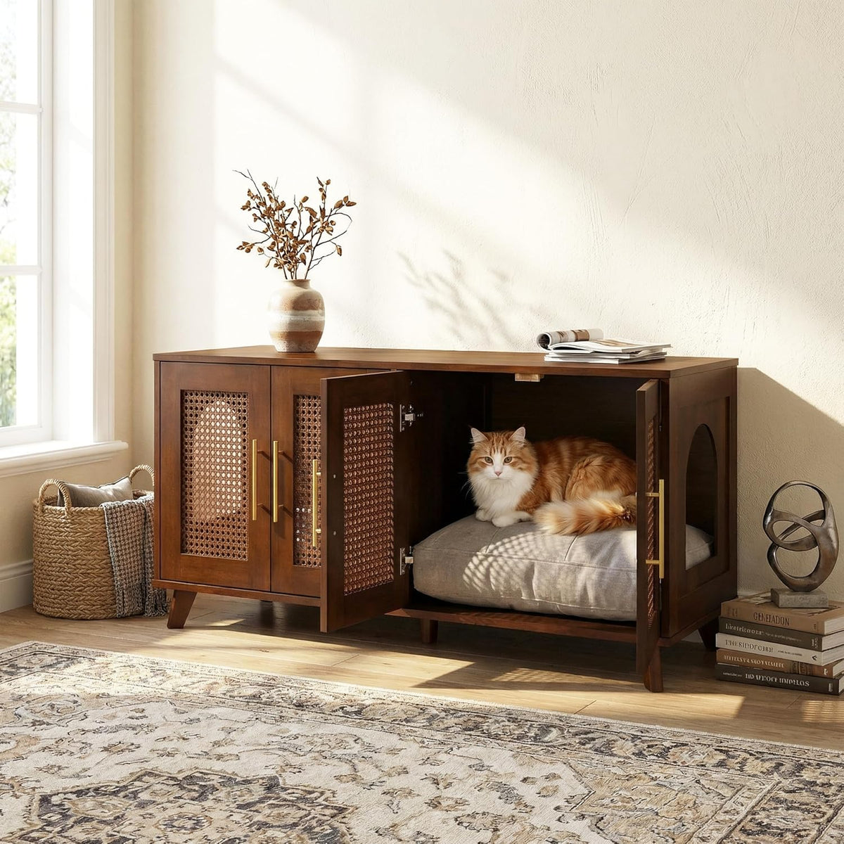 Christopher Knight Home Conmeo Cat Litter Box Enclosure with Plush Cushion, Rubber Wood Hidden Litter Box Cabinet with Breathable Rattan Mesh Doors, Indoor Pet House, Functional Sideboard, Walnut