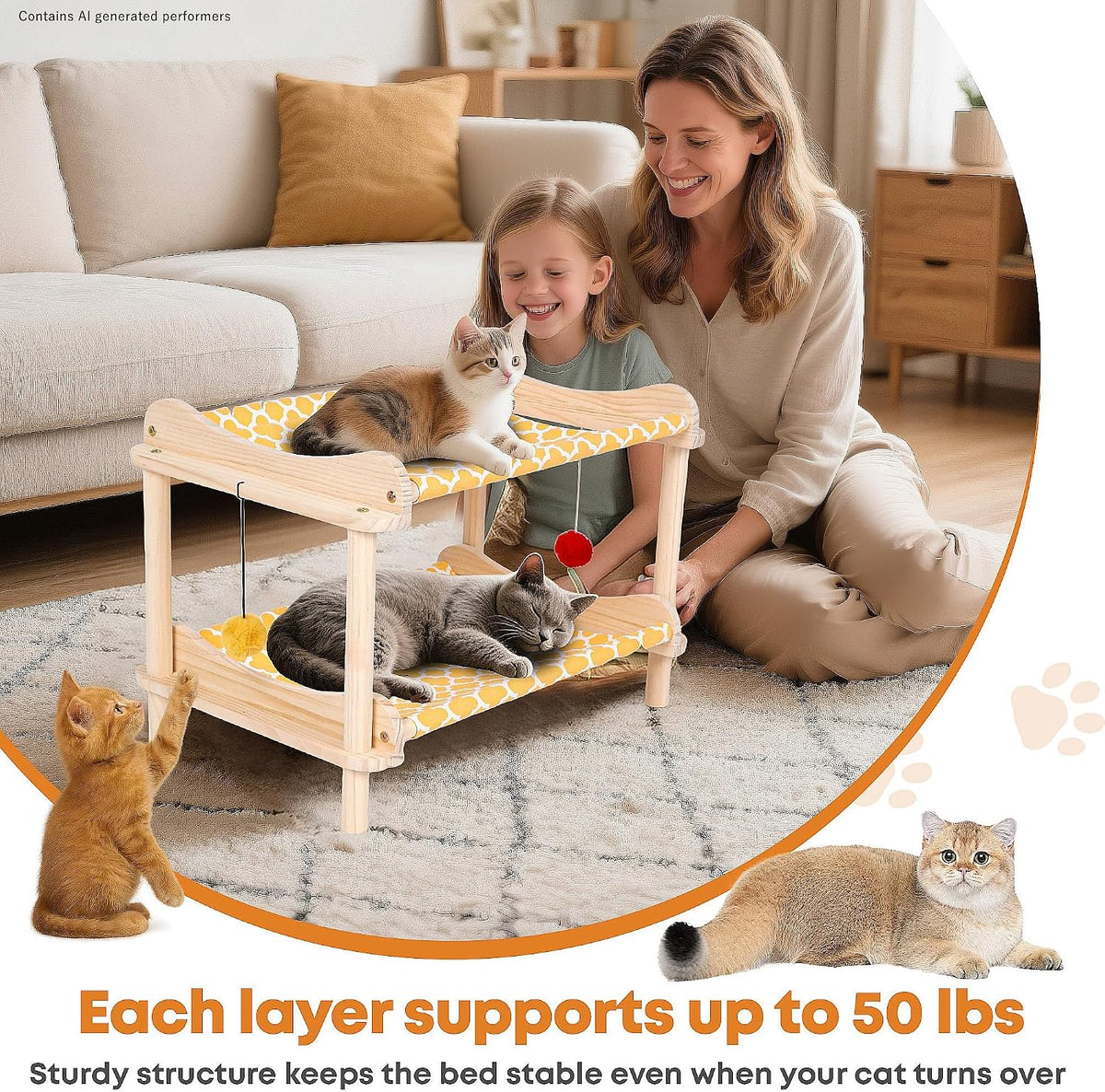 2-Layer Cat Hammock Bed, 24"x15.7"x16.3" Elevated Cat Bed with Pine Wood Frame, Breathable Washable Covers, Wooden Pet Furniture for Indoor Cats and Small Animals(Orange-2)