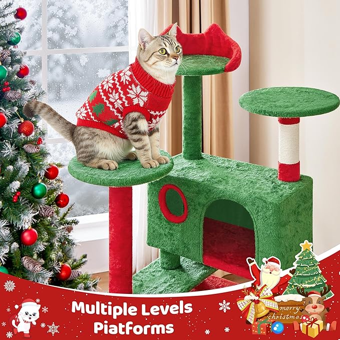 Yaheetech 54in Christmas Cat Tree, 2 Cozy Caves, Scratching Posts, Climbing - Image 5