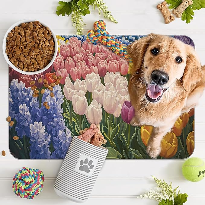 Tulip Lavender Pet Feeding Mat, Vintage Flower Fields Absorbent Quick-Dry Cat - Image 7