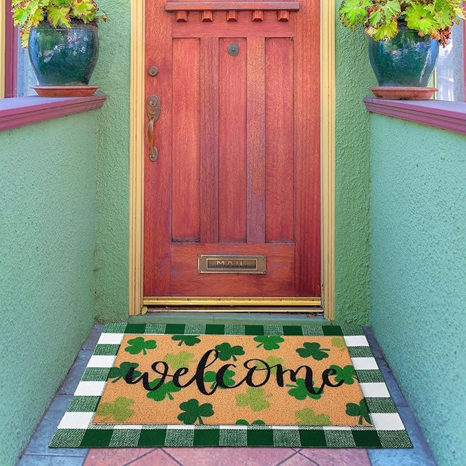 Tinideya 2 Pcs St. Patrick Day Door Mat Welcome Non Slip Coir Mats Clover - Image 2
