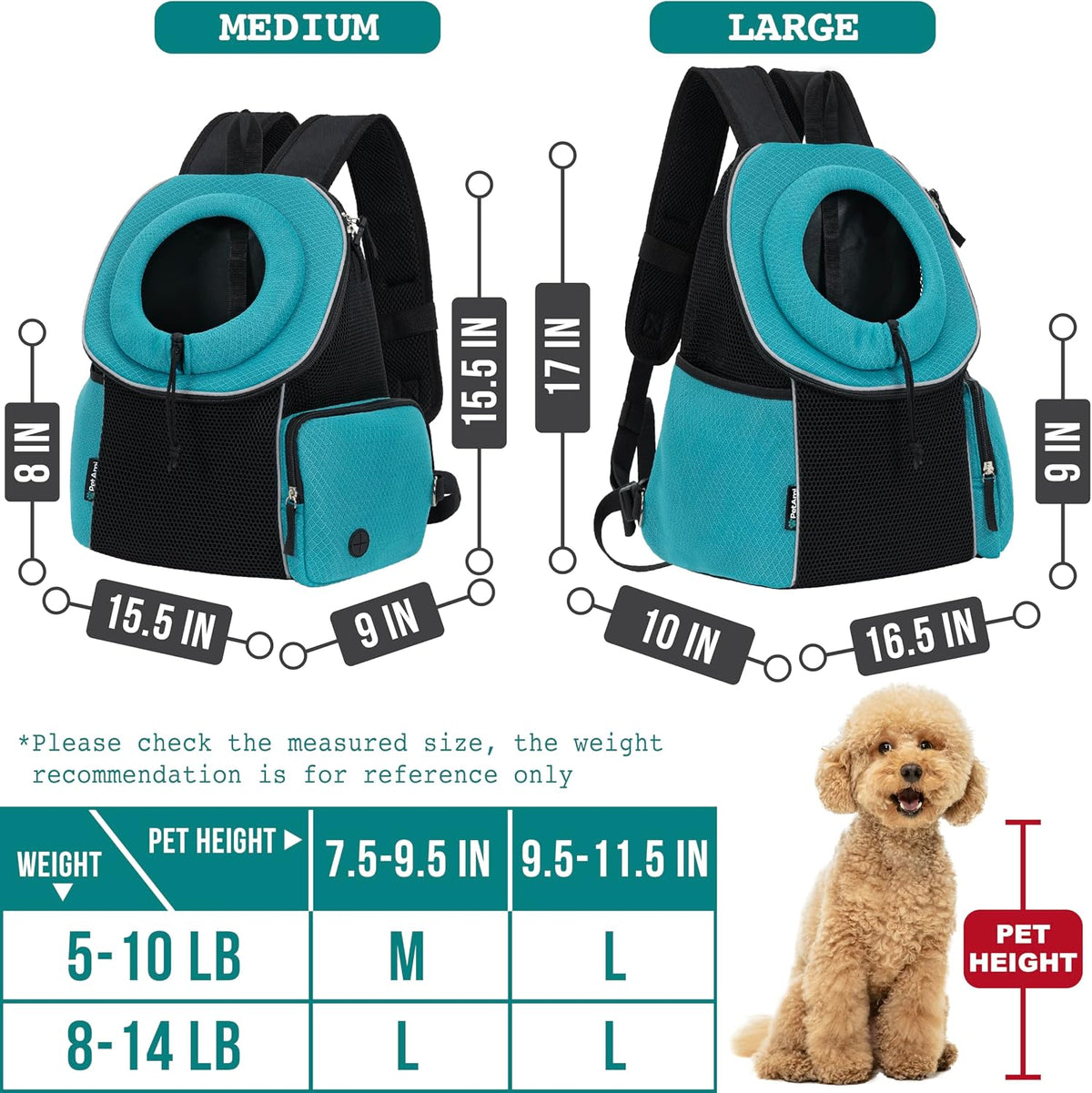 PetAmi Dog Carrier Backpack, Hands Free Front Pet Carrier, 10lbs, Teal Blue