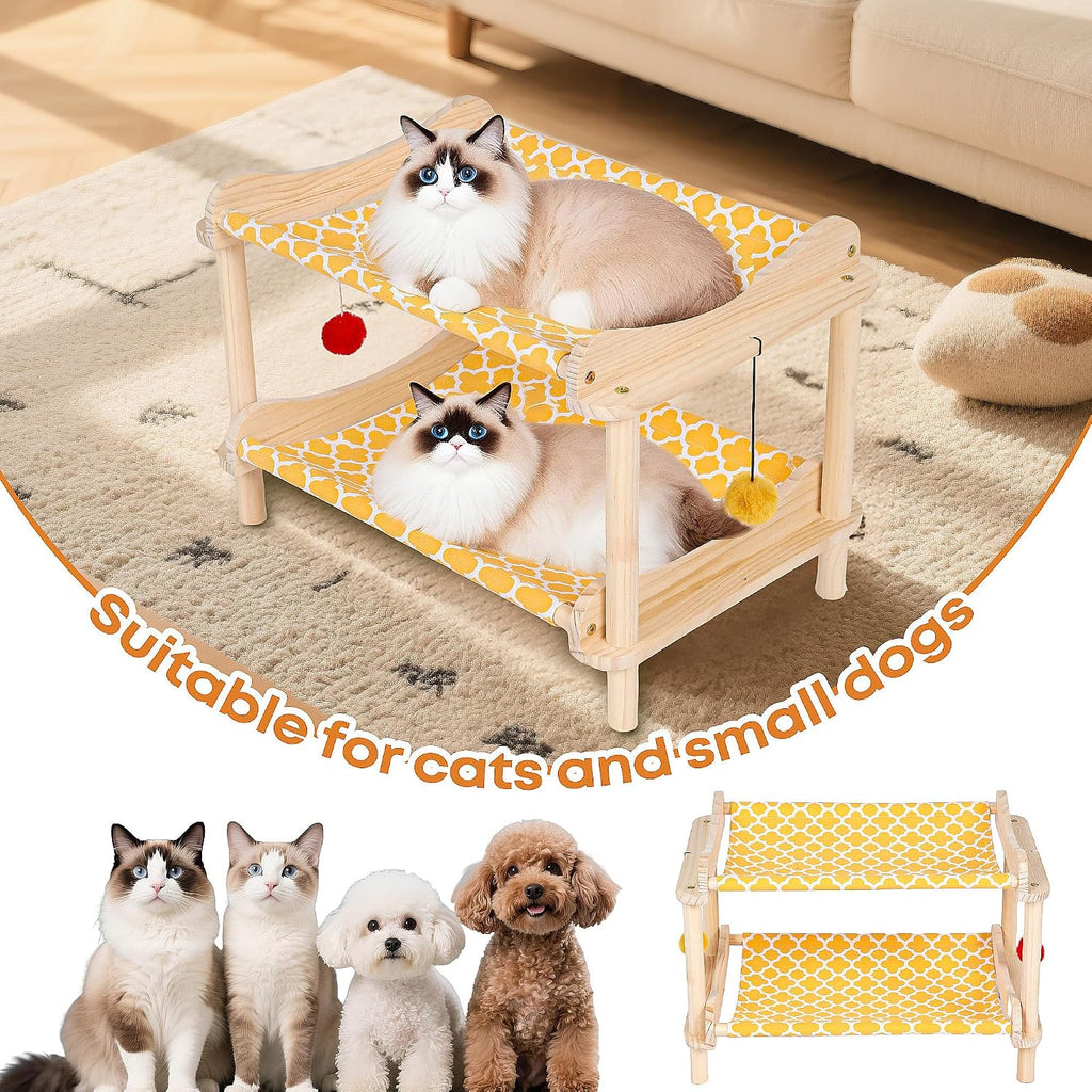 2-Layer Cat Hammock Bed, 24"x15.7"x16.3" Elevated Cat Bed with Pine Wood Frame, Breathable Washable Covers, Wooden Pet Furniture for Indoor Cats and Small Animals(Orange-2)