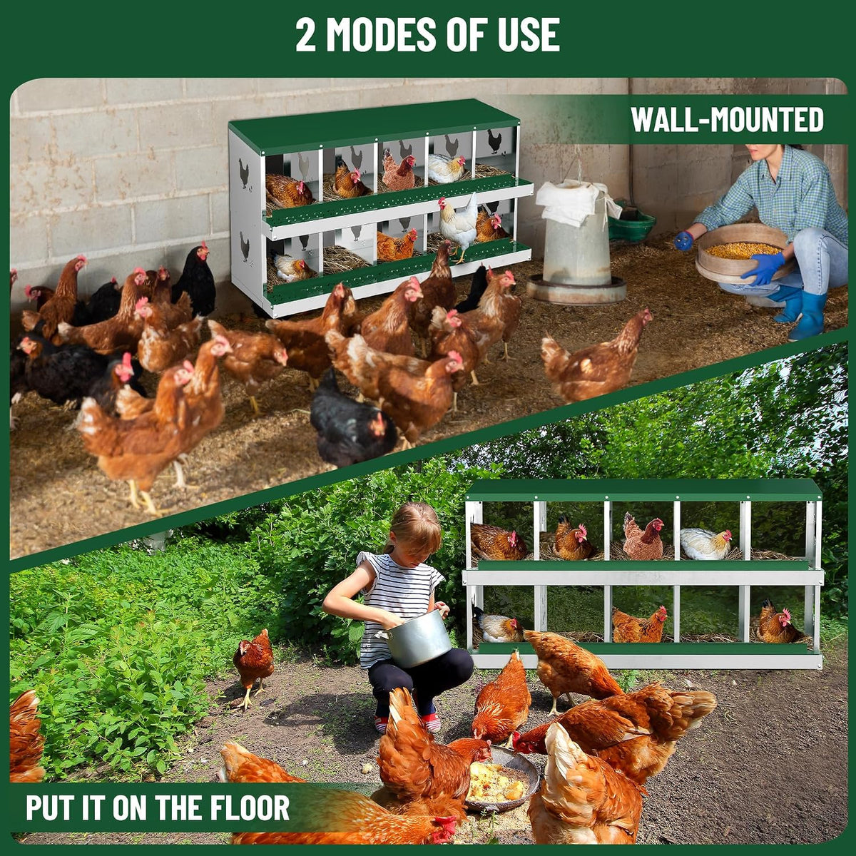 Chicken Nesting Boxes, 10 Compartments Nesting Boxes, Metal Chicken Laying Box with Roll Out Egg Collection with Vented Holes for Hens, Green