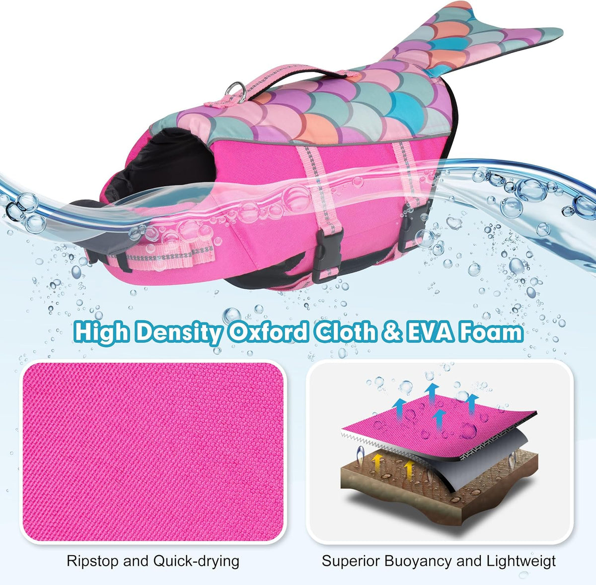 cyeollo Mermaid Dog Life Jacket Chin Float Support Dog Life Vest, Pink, M