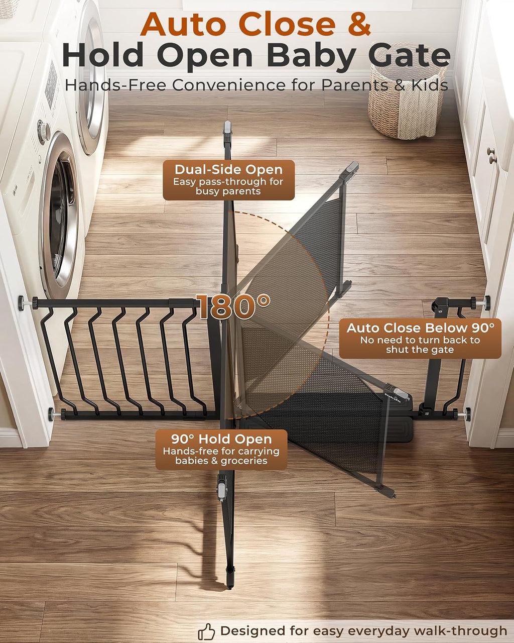 30-62.5" Extra Wide Auto Close Baby Gate for Stairs, Pet Gate Indoor, Black