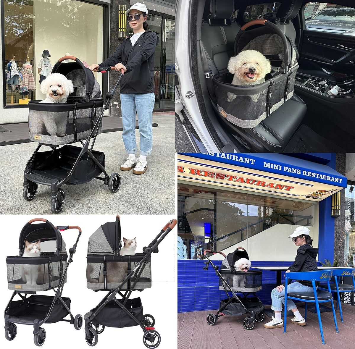 ROODO 2026 Upgraded Version 3-in-1 Dog Cat Stroller with Detachable Carrier Folding Lightweight Portable Travel Pet Gear All-Terrain Puppy Doggie Kitty Bunny Stroller for 35 lbs(Grey Lattice)