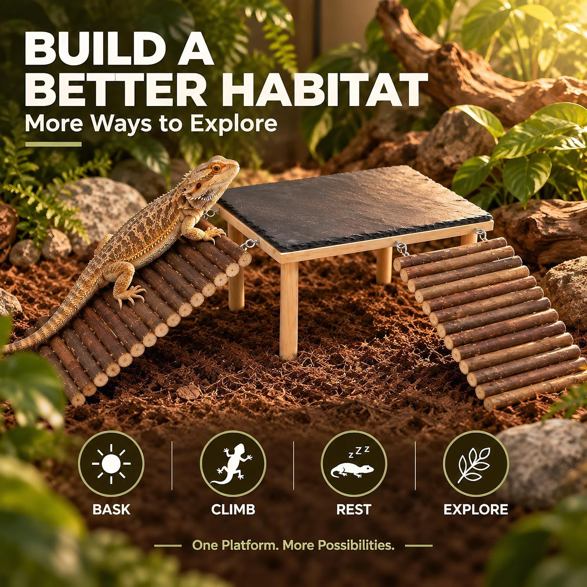 Bearded Dragon Basking Platform with 2 Wooden Climbing Ramp