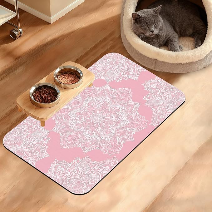 Pet Feeding Mat, Boho Mandala Absorbent Dog Cat Food Mat Pink Flower Dog Mat by Unknown