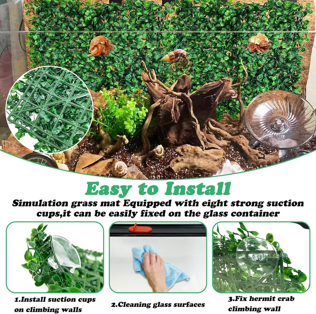 PINVNBY 2 PCS Hermit Crab Climbing Toys Hermit Crab Climbing Wall with Suction Cups Plastic Faux Grass Mat Hermit Crab Accessories for Hermit Crab Tank Decor (10 x 10 Inch)