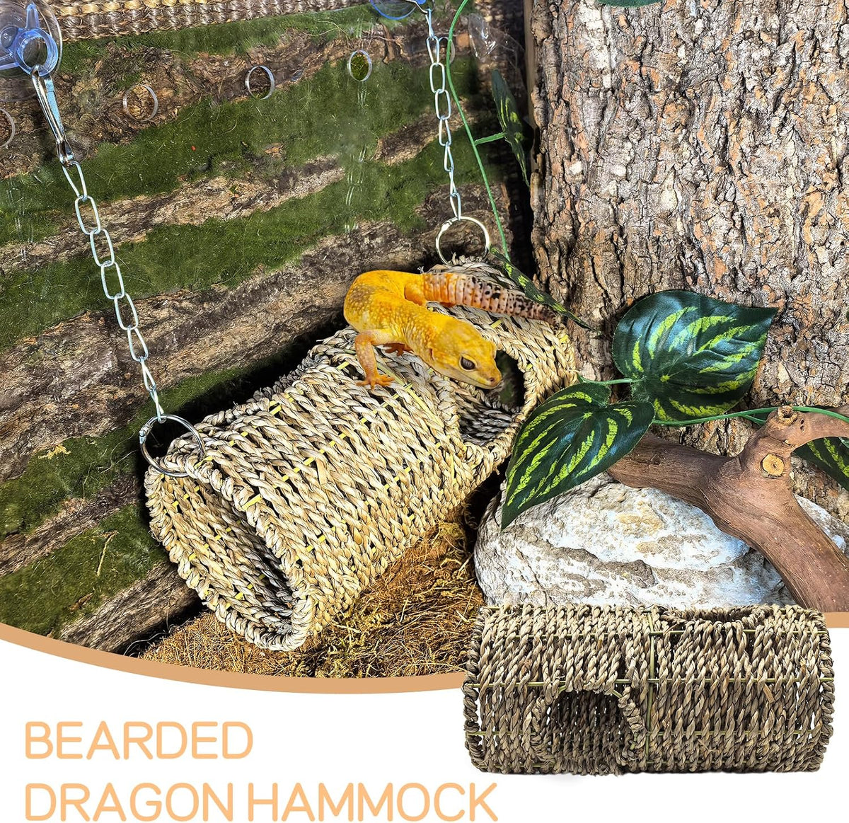Reptile Hide Cave,Natural Seagrass Bearded Dragon Hammock Hideout,Round