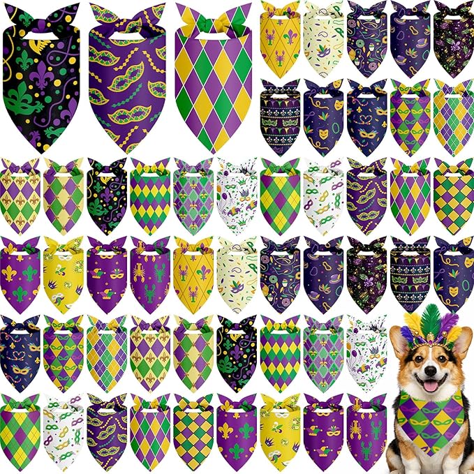 Abbylike 50 Pcs Mardi Gras Dog Bandanas Bulk Purple Green and Gold Bandanas by Abbylike