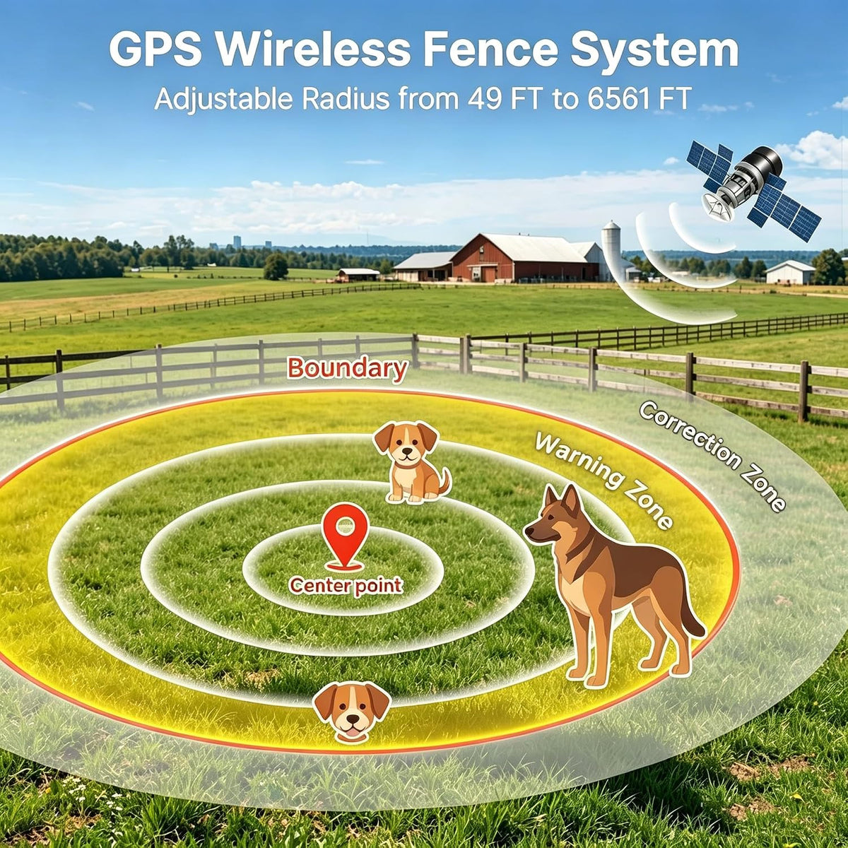 GPS Wireless Dog Fence, 49-6561ft Circular Boundary Collar, IP67