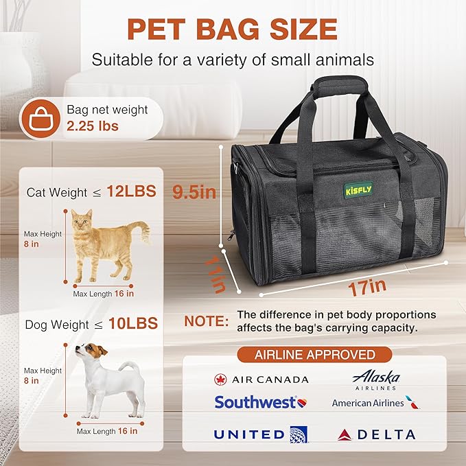 Airline Approved Cat and Small Dog Carrier 17"x11"x9.5"– Soft-Sided, Foldable - Image 5