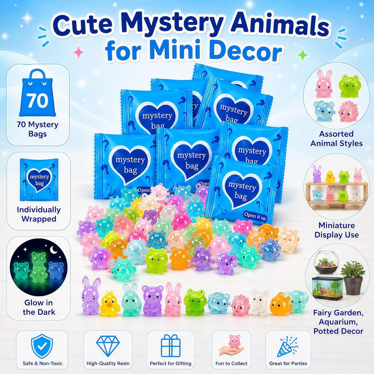 150 Pcs Resin Animals Mystery Bags, Mini Glow-in-the-Dark Animals, Individually Wrapped Tiny Figurines for Fairy Garden, Aquarium, Potted Decor, DIY Craft Display, Compact Assortment