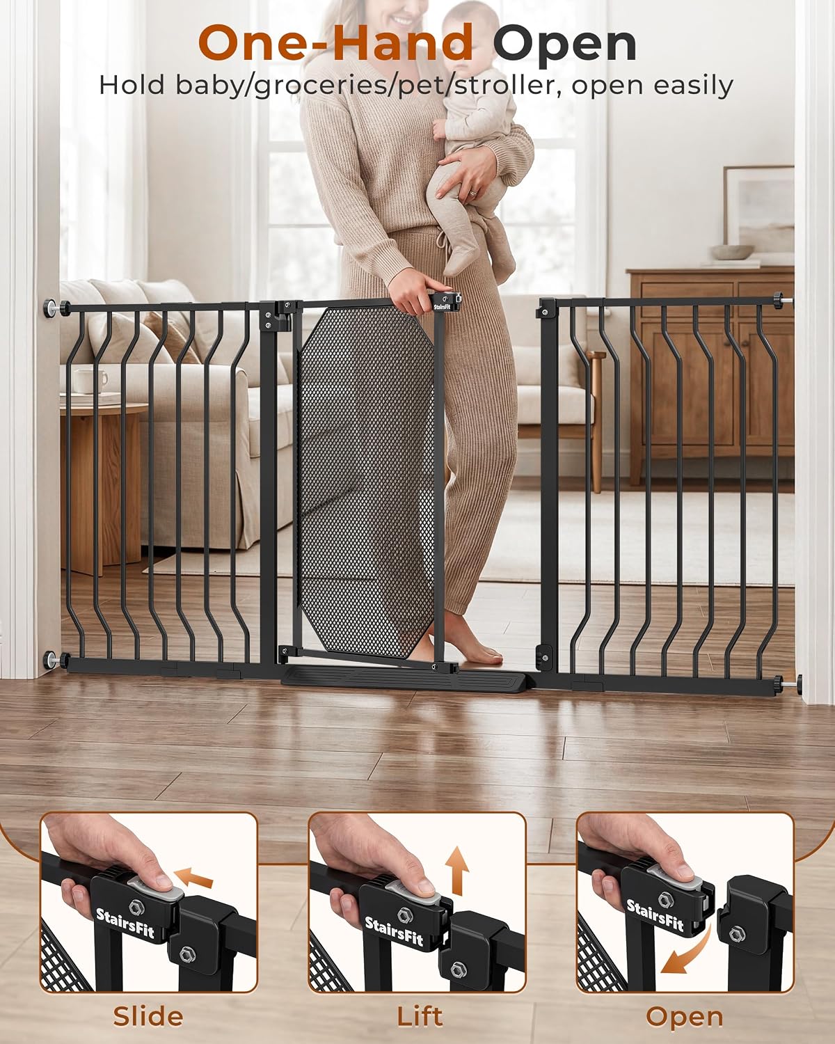 30-62.5" Extra Wide Auto Close Baby Gate for Stairs, Pet Gate Indoor, Black