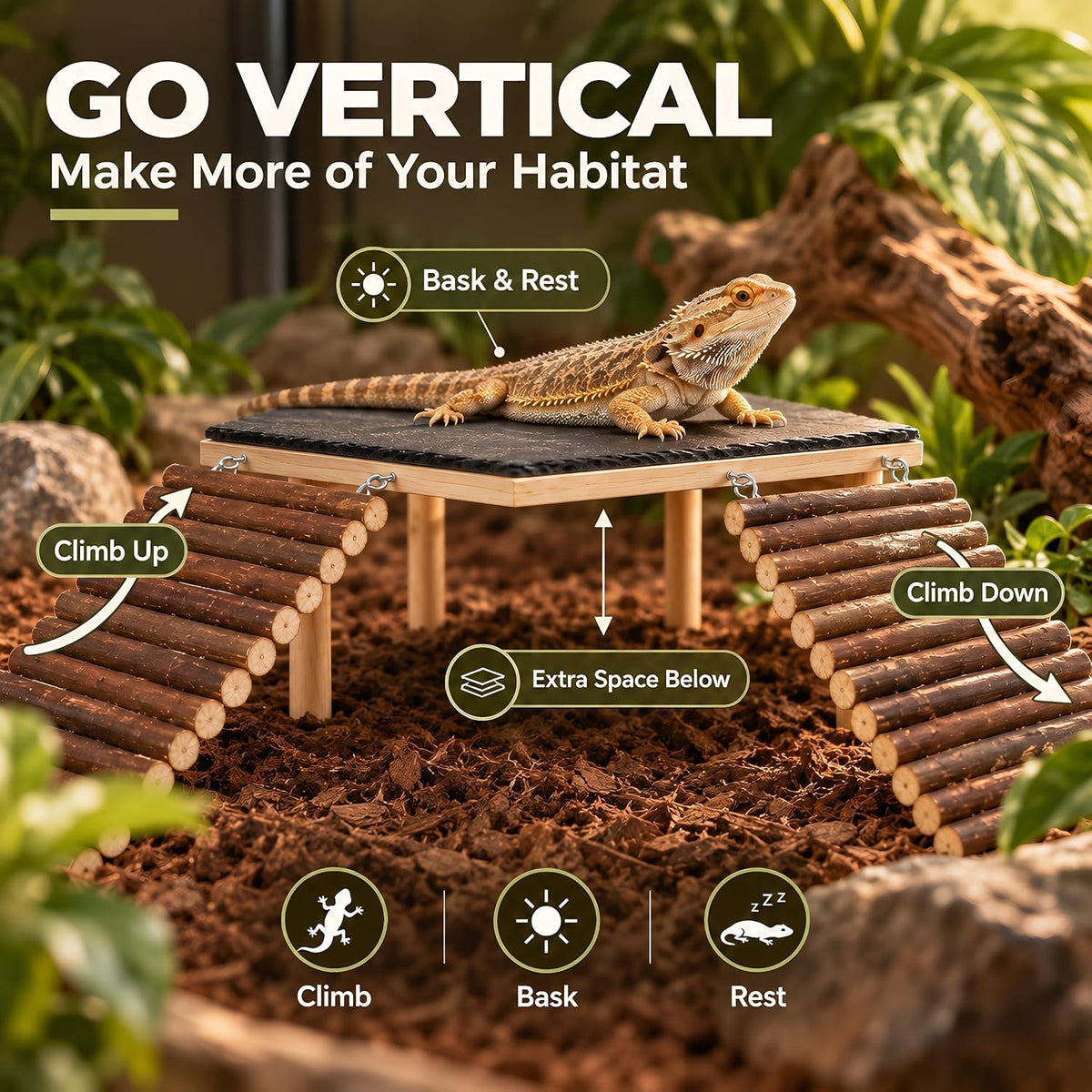 Bearded Dragon Basking Platform with 2 Wooden Climbing Ramp