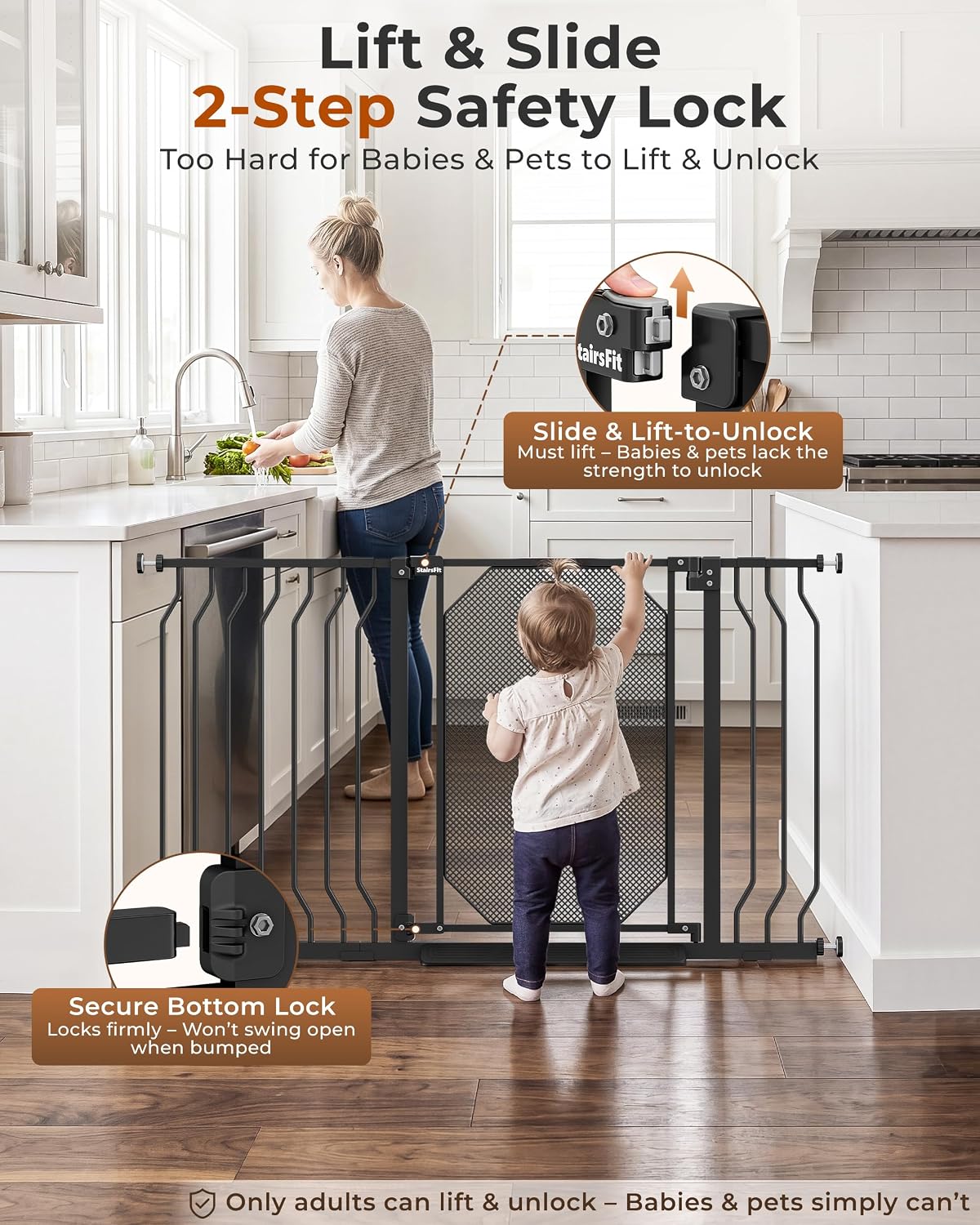 30-62.5" Extra Wide Auto Close Baby Gate for Stairs, Pet Gate Indoor, Black