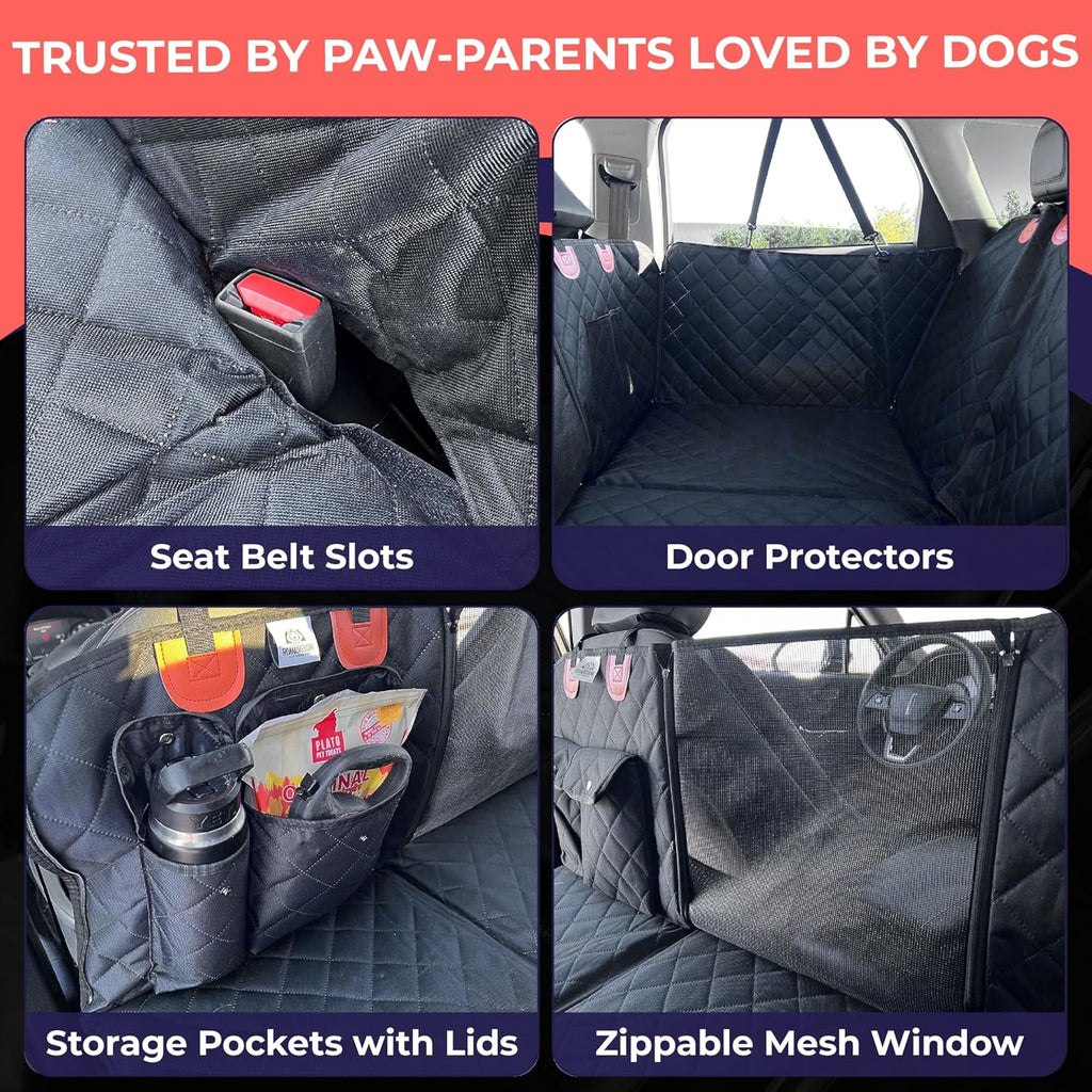 BarkBridge+ Backseat Extender for Dogs - Hard-Bottom Waterproof Back Seat Bridge for Cars, Trucks & SUVs - Dog Hammock with Storage Pockets - Dog Rear Car Seat Cover with Door Covers
