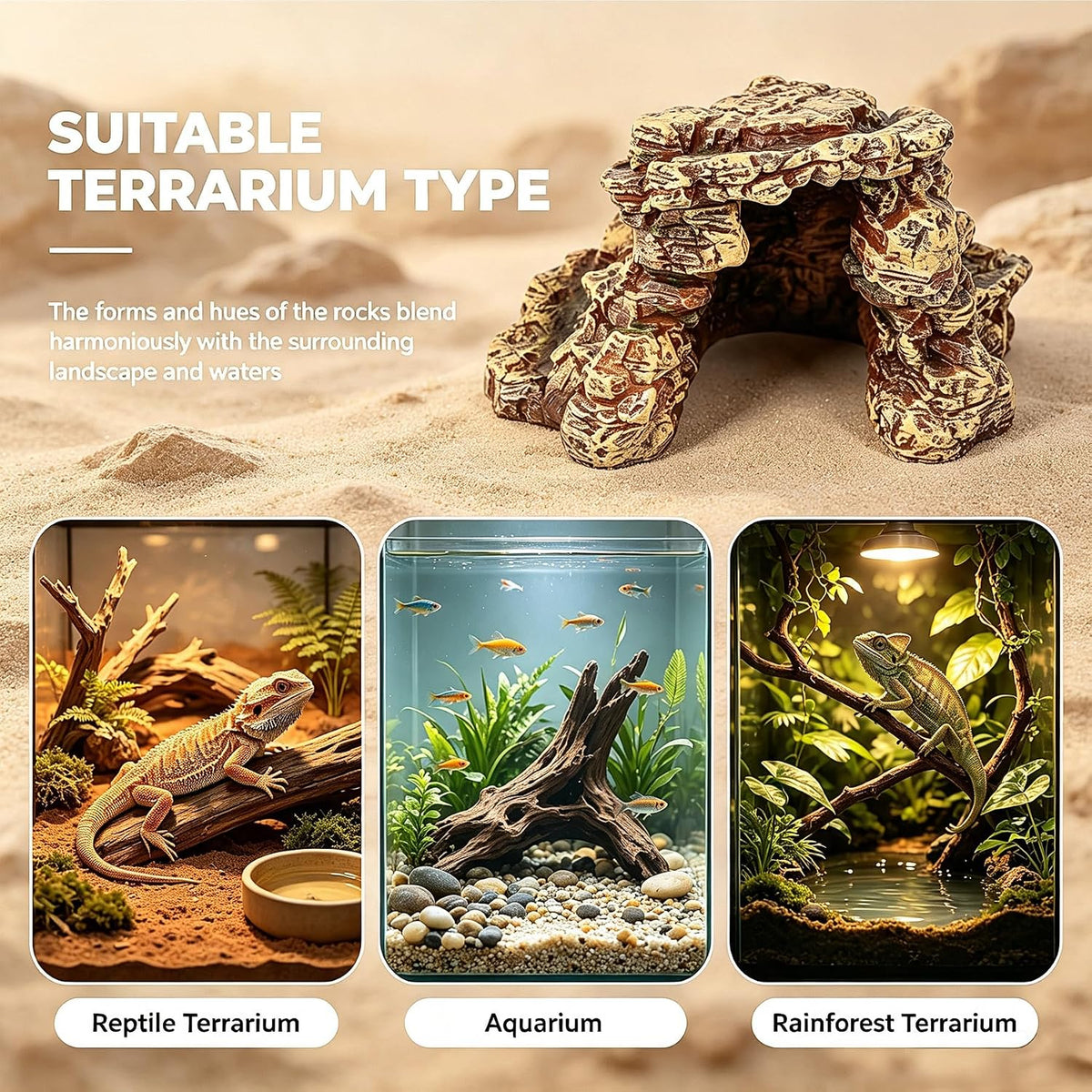 Teaeeno Reptile Hide Rock Cave, Medium Resin Corner Hideout for Growing Leopard Geckos, Juvenile Snakes, Small to Medium-Sized Lizards & Terrestrial Invertebrates, Natural Terrarium Tank Decor