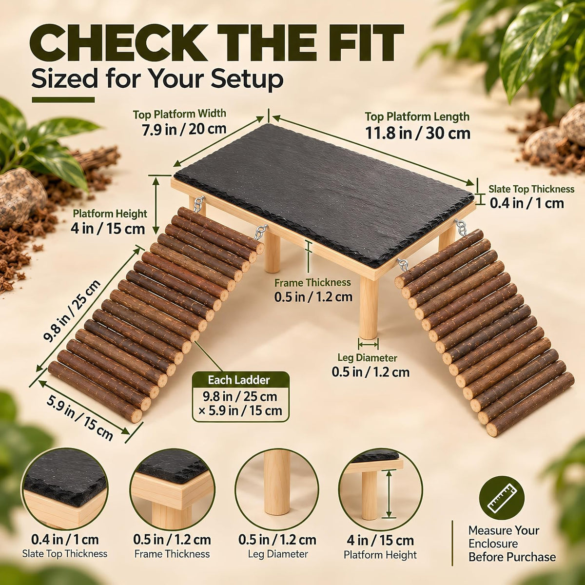 Bearded Dragon Basking Platform with 2 Wooden Climbing Ramp
