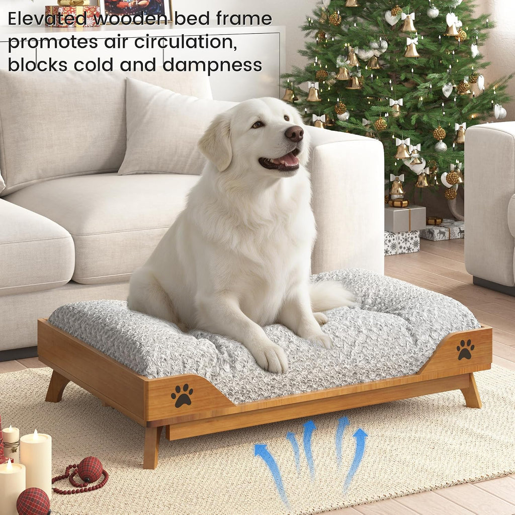 Elevated Dog Bed - Solid Wood Dog Bed Frame with Soft Cushion, Raised Dog Bed for Large Pets up to 150lbs, 36.6x24.8x7.9 in, Walnut