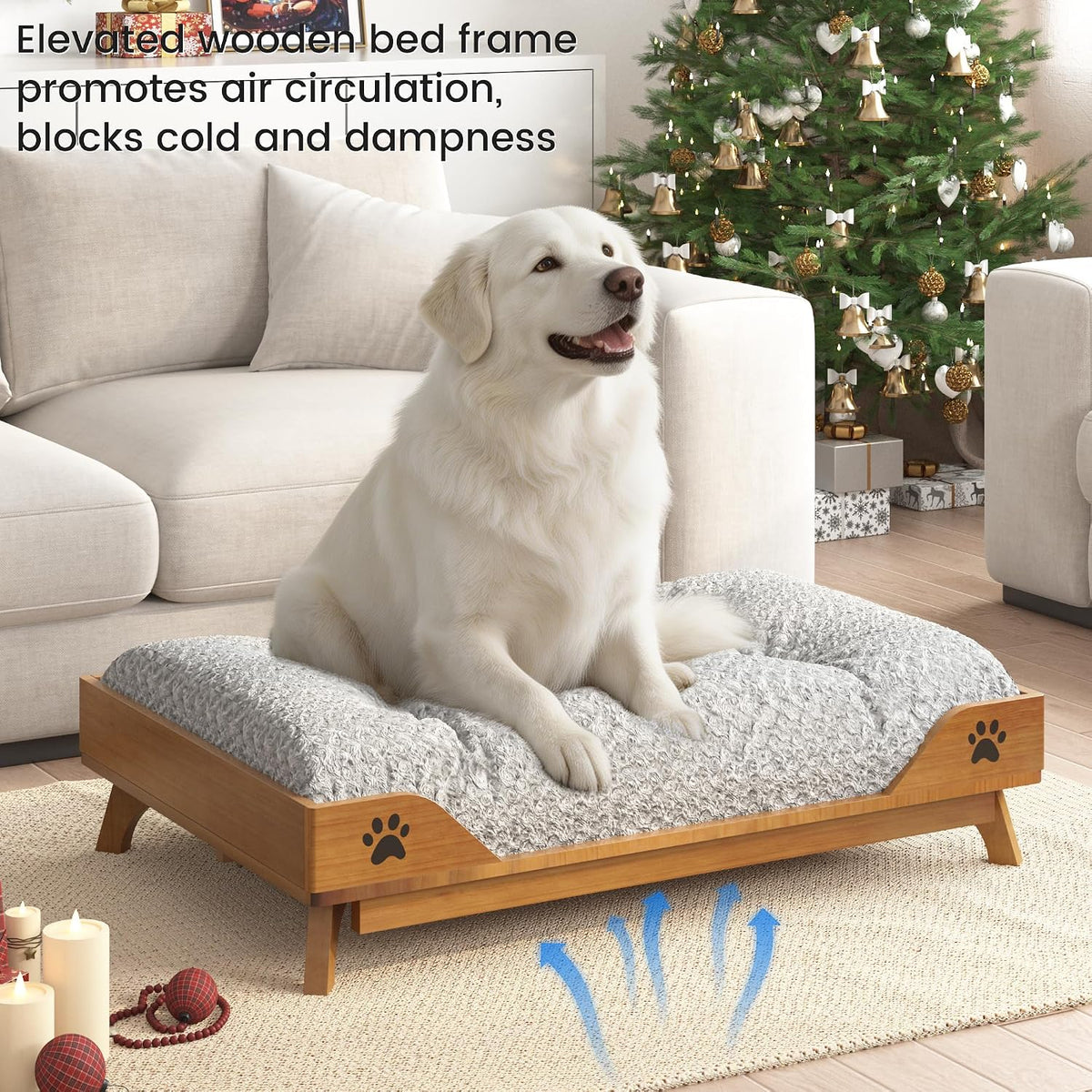 Elevated Dog Bed - Solid Wood Dog Bed Frame with Soft Cushion, Raised Dog Bed for Large Pets up to 150lbs, 36.6x24.8x7.9 in, Walnut